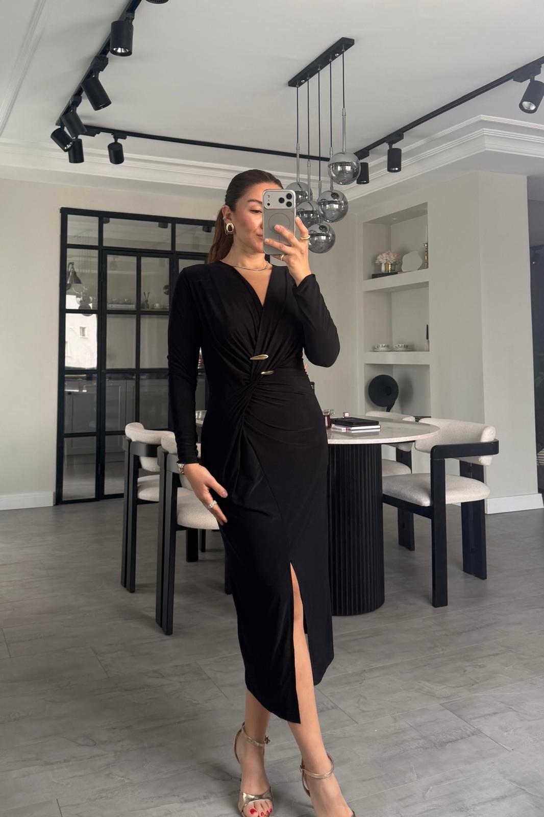 GOLD TOKALI YIRTMAÇLI MAKSİ ELBİSE/7731