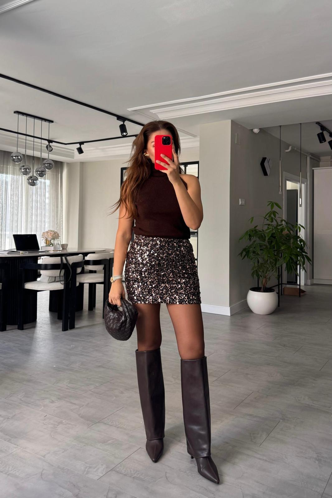 SÜET PUL İŞLEMELİ MİNİ ETEK