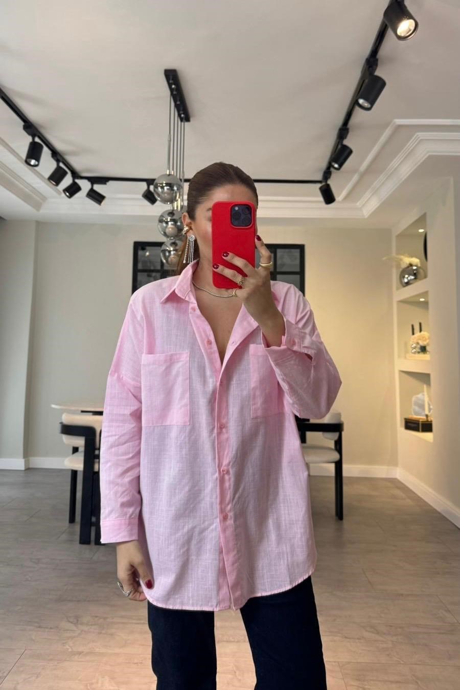 FLAMLI KETEN OVERSİZE GÖMLEK/Y139