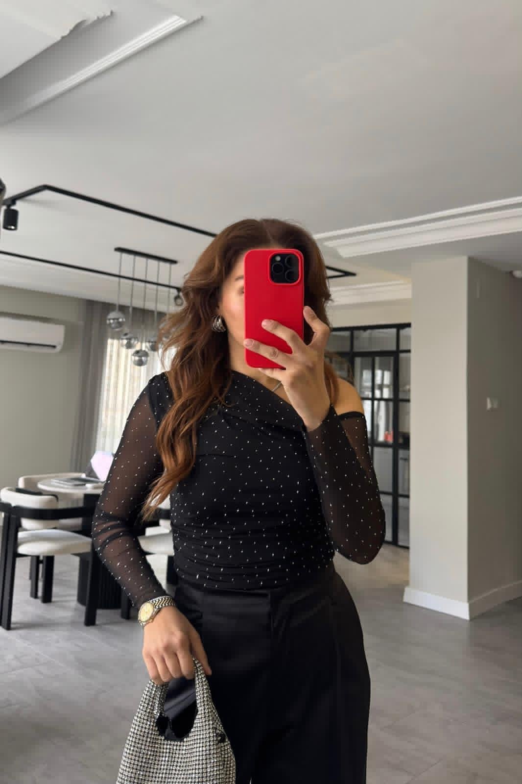 TEK OMUZ TAŞLI TÜL BLUZ/0869