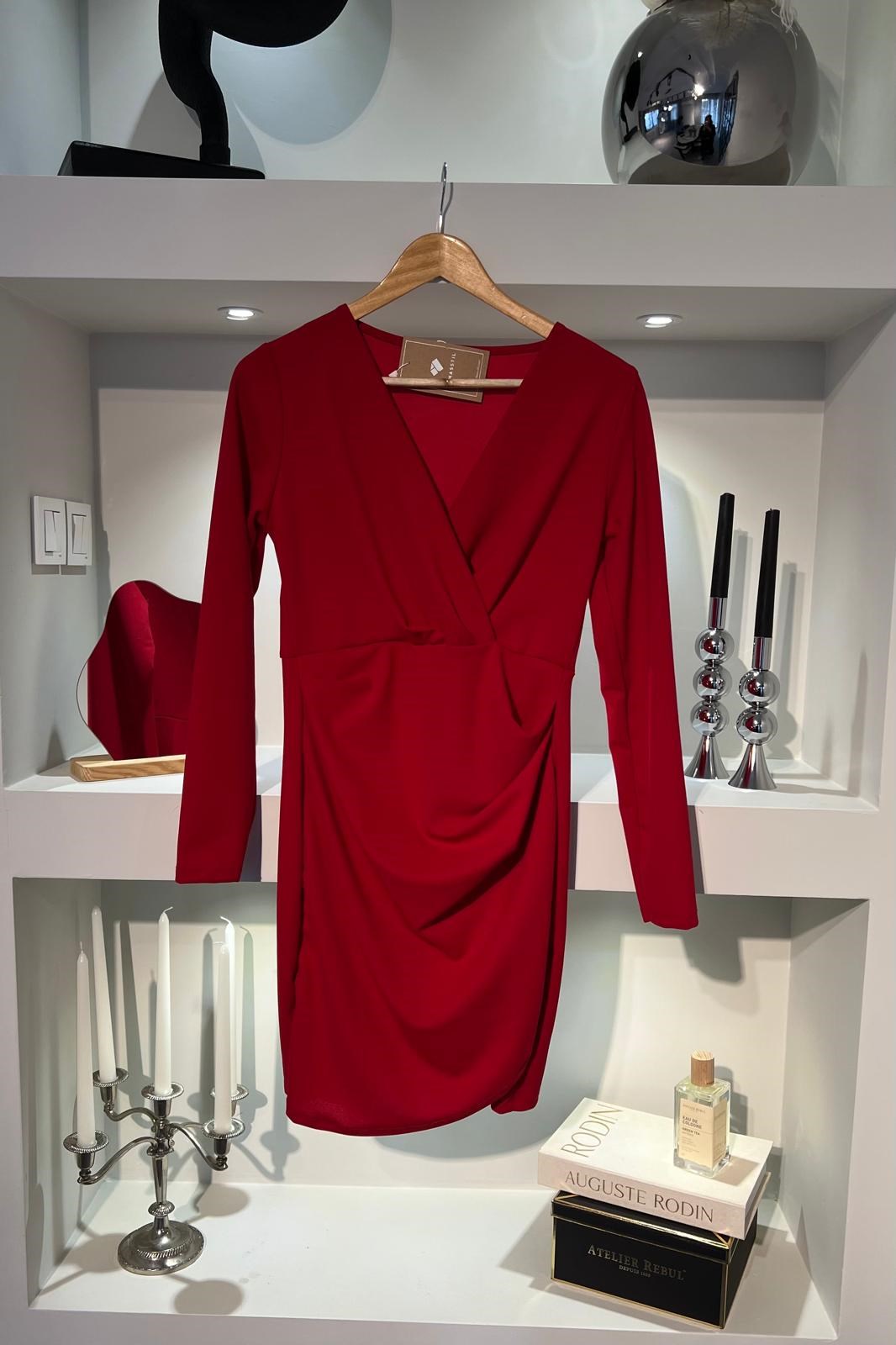 UZUN KOLLU KRUVAZE YAKA MİNİ ELBİSE/2046