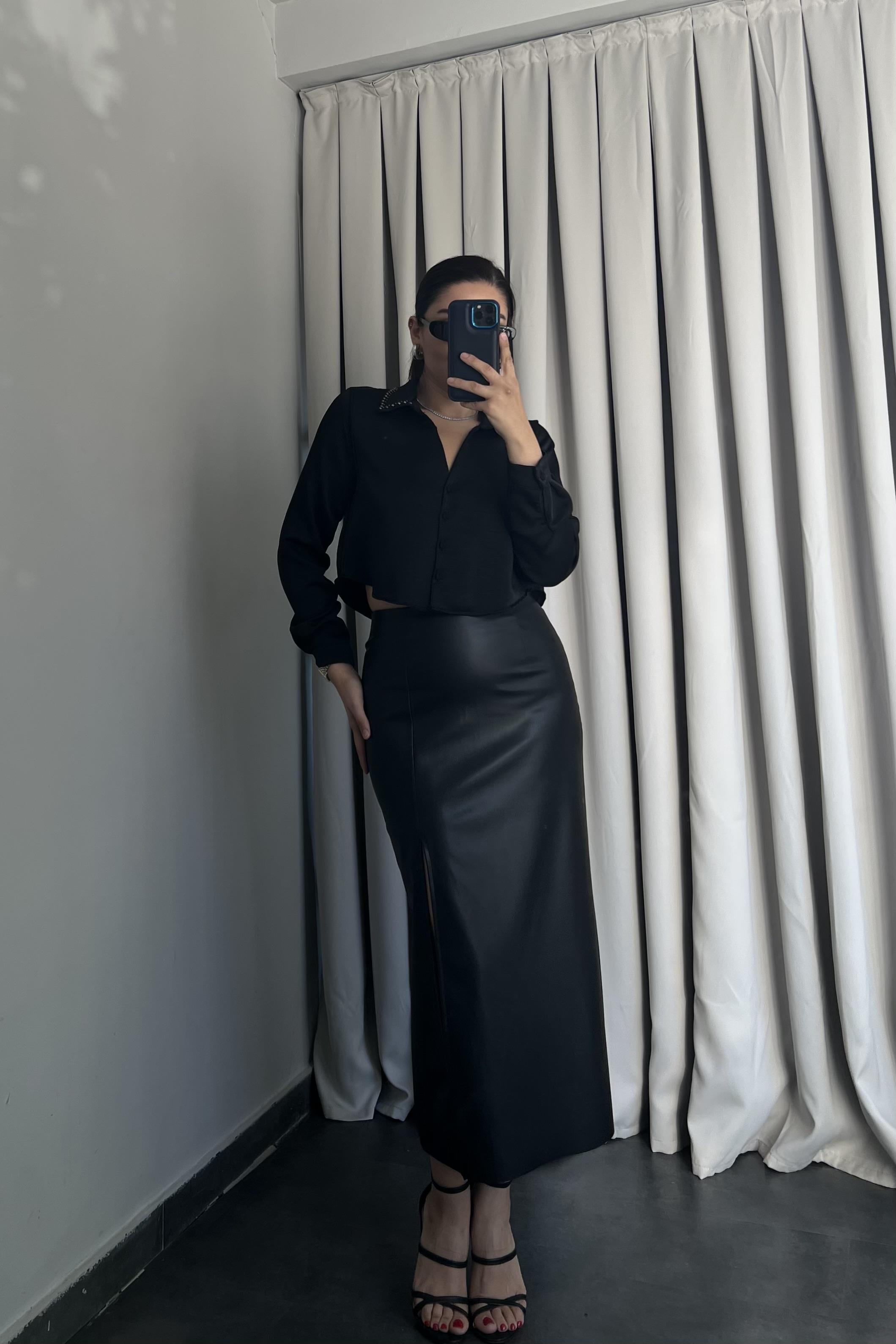 MİDİBOY YIRTMAÇLI DERİ ETEK/3008