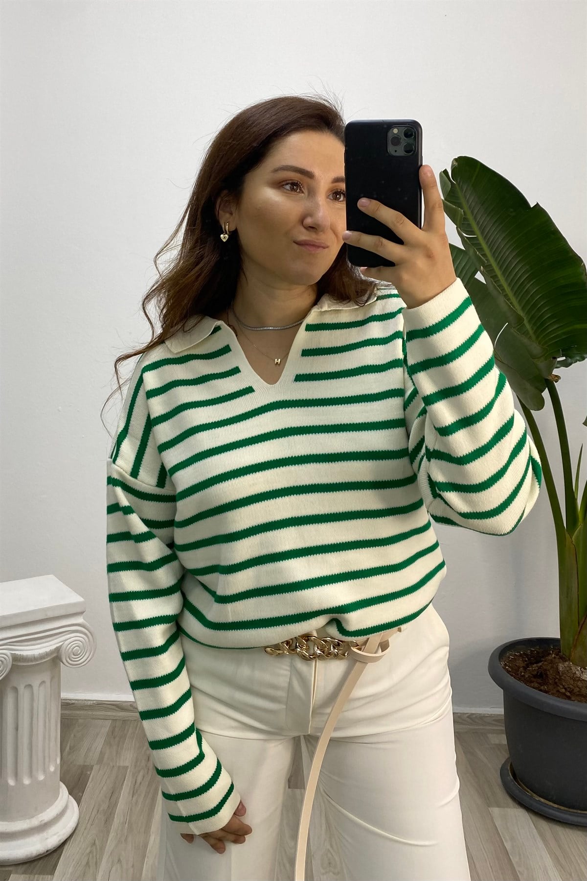 POLO YAKA ÇİZGİLİ KISA KAZAK/3350