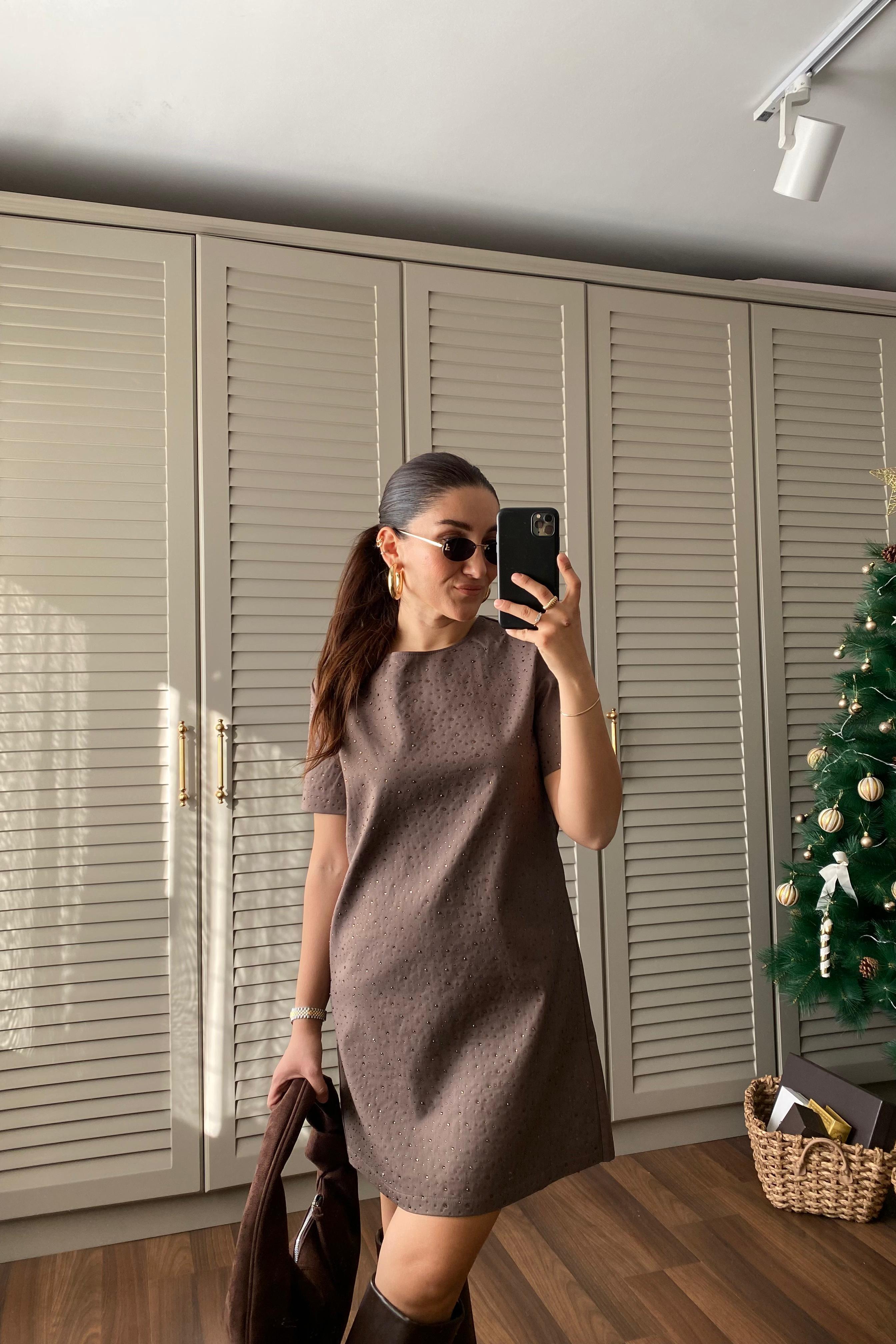 SERPME TAŞLI MİNİ ELBİSE/8174