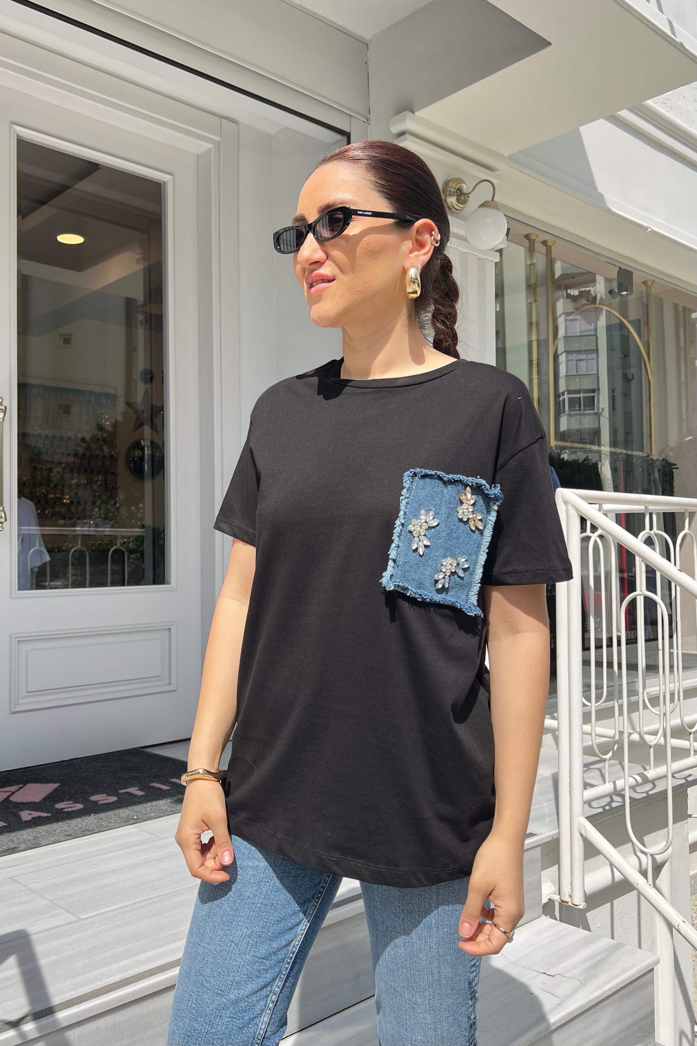 TAŞ İŞLEMELİ KOT CEPLİ T-SHIRT /4726