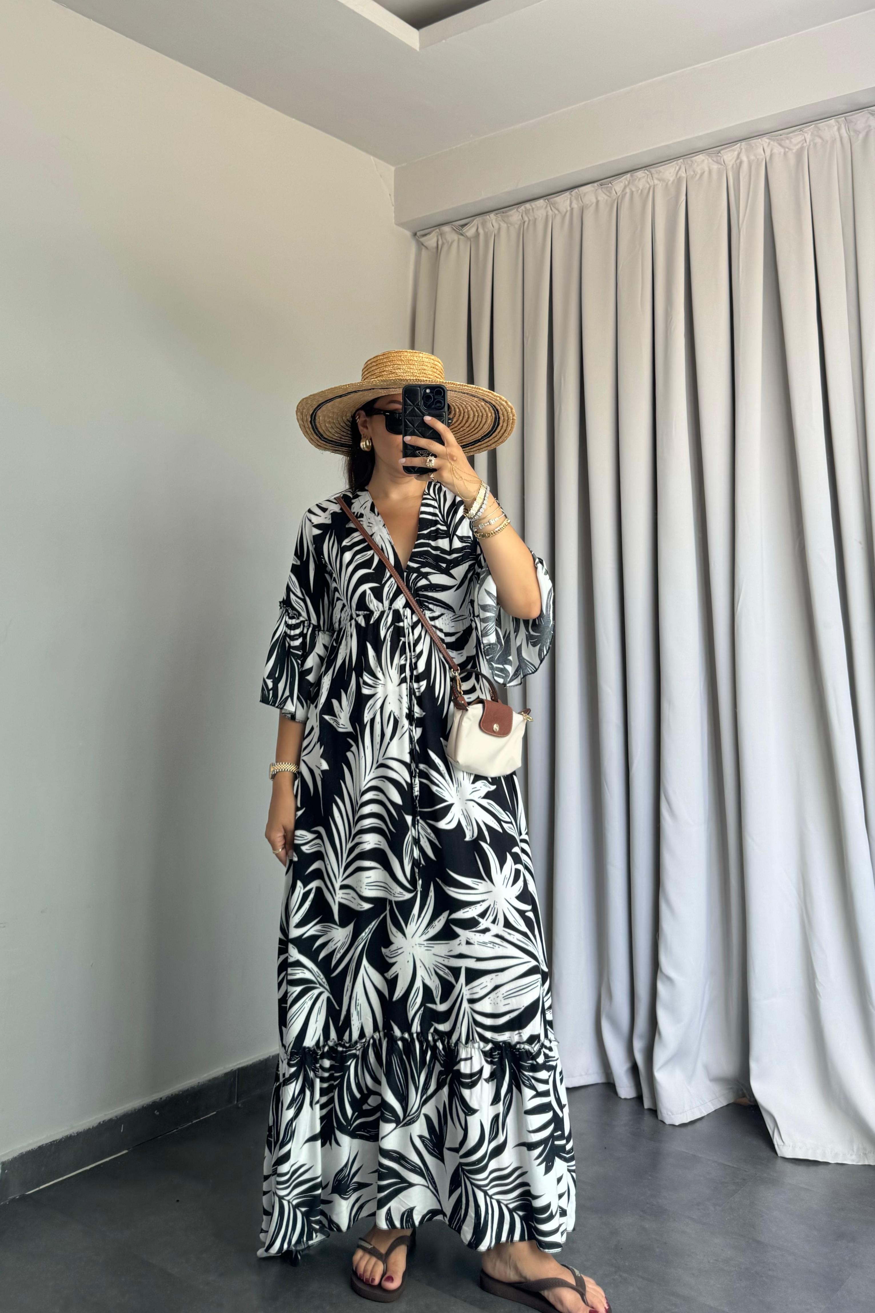 V YAKA ÇİÇEKLİ ELBİSE/58871