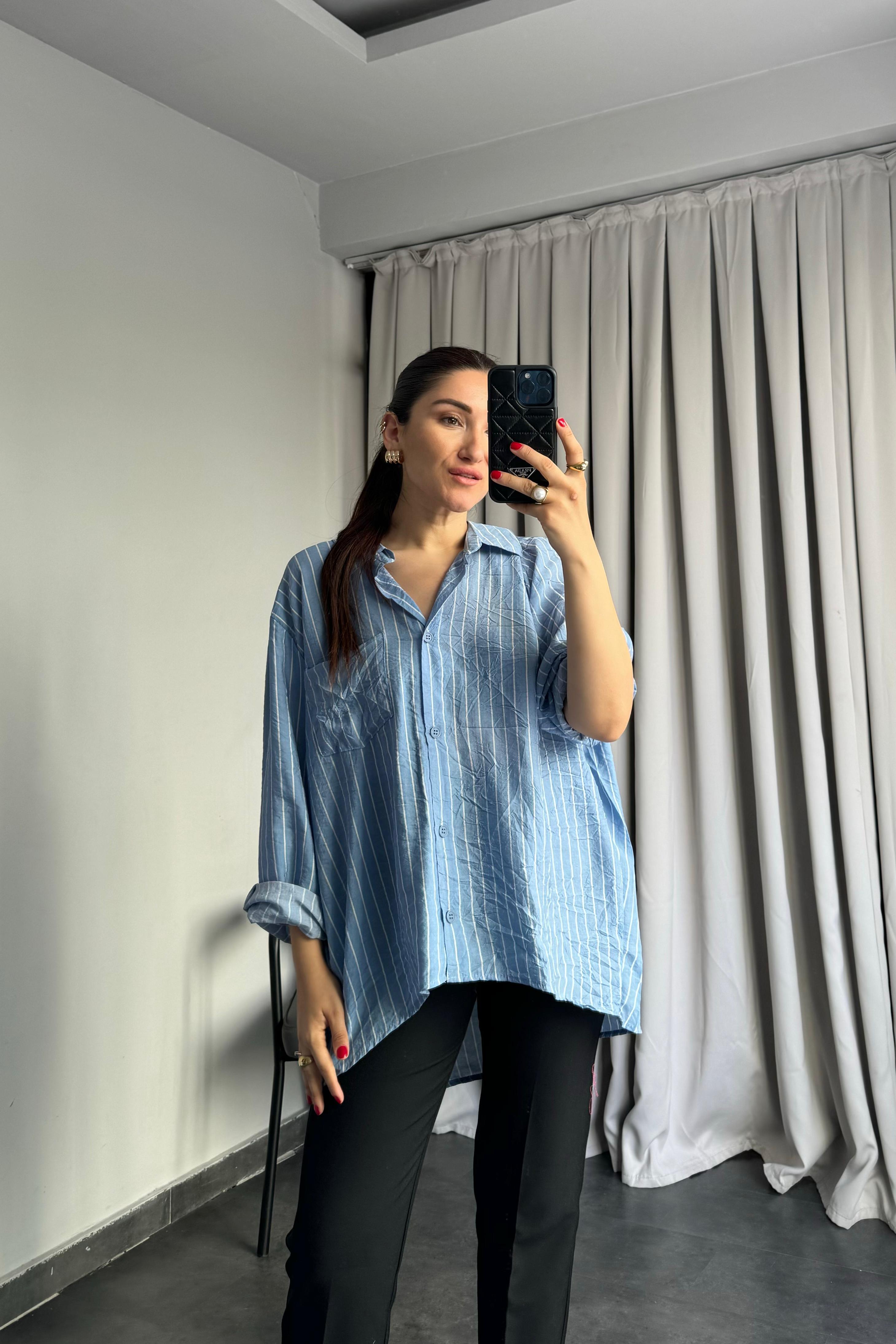 V YAKA ÇİZGİLİ OVERSIZE GÖMLEK /58635
