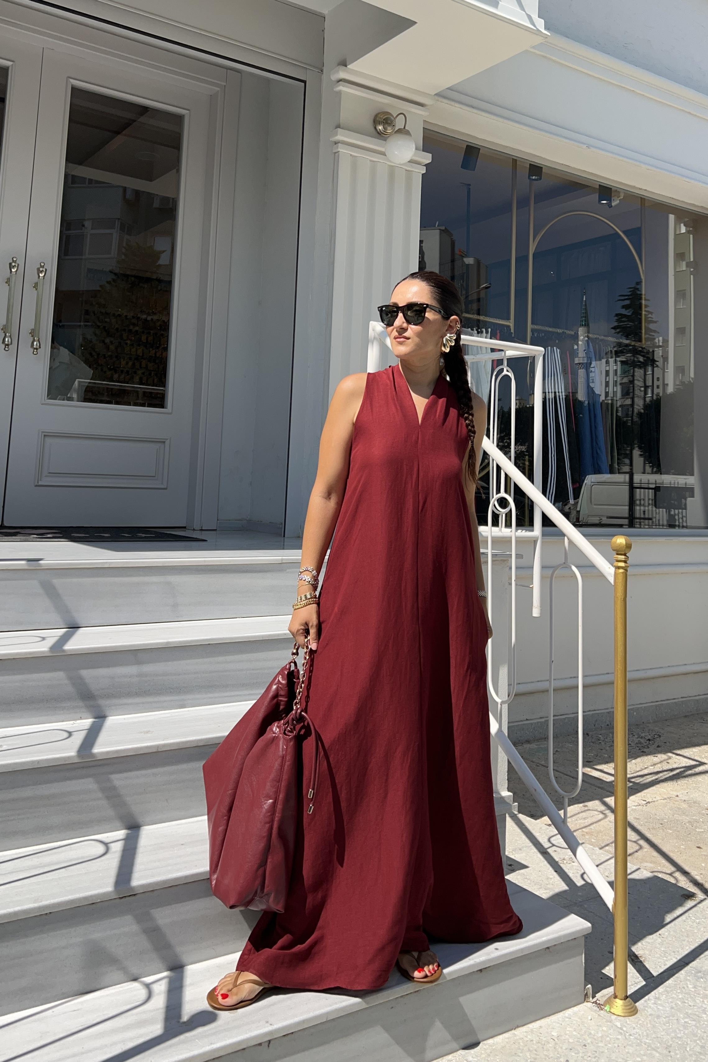 V YAKA KETEN ELBİSE/3225