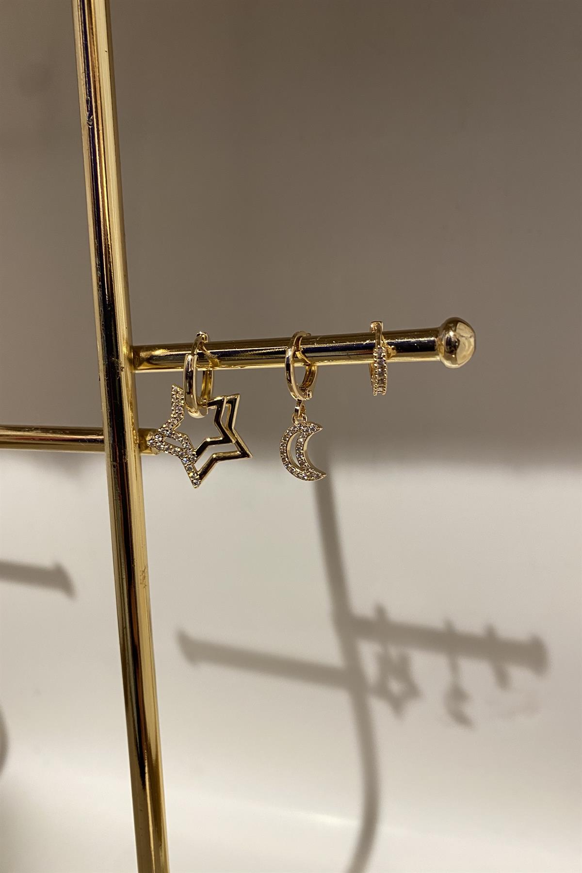 YILDIZ-AY TAŞLI ÜÇLÜ KÜPE