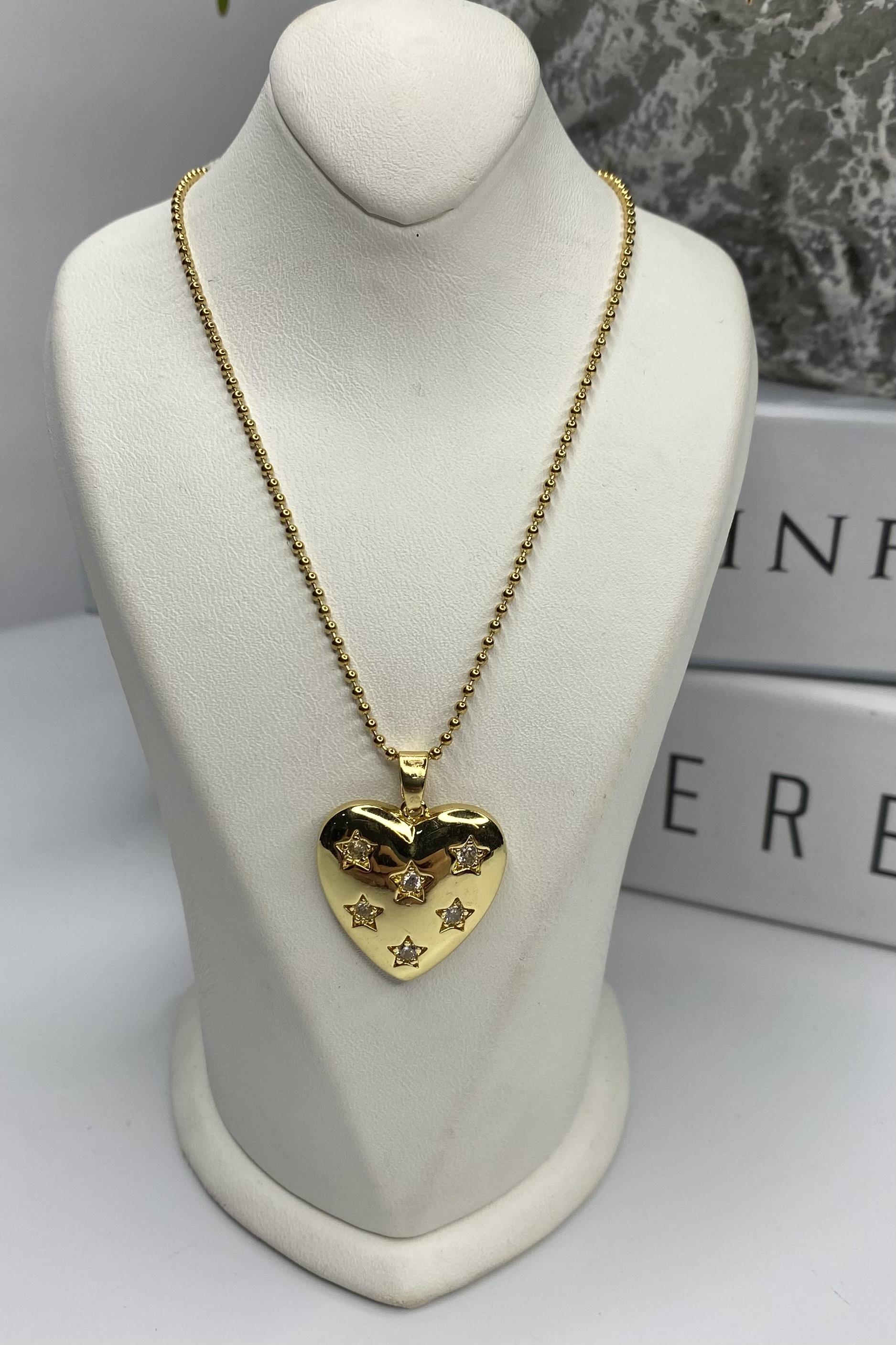 YILDIZ TAŞLI KALP ÇELİK KOLYE