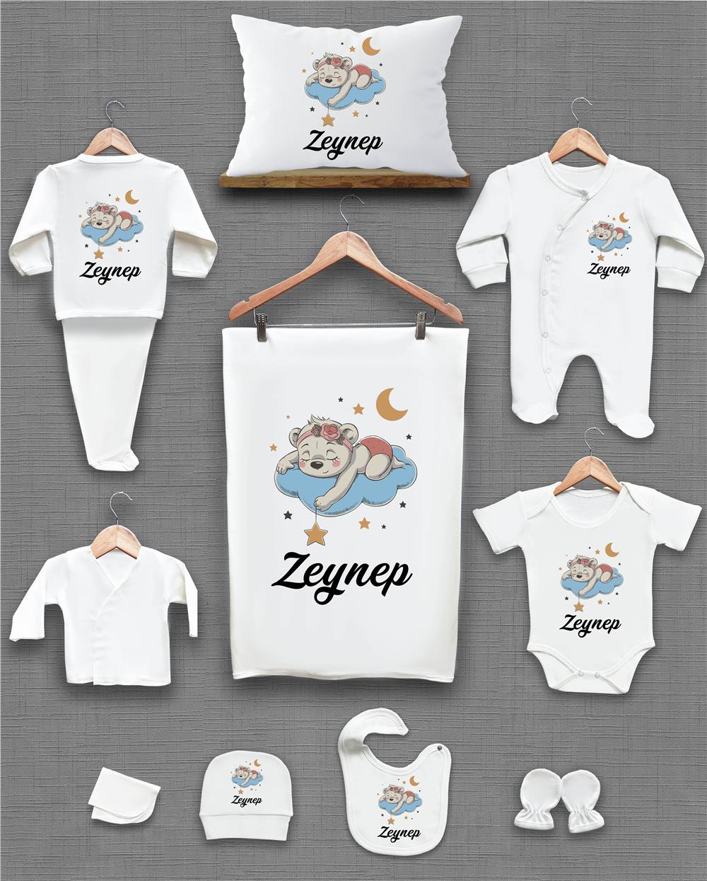 Ayı ve Bulut Desenli 11'li İsimli Organik Hastane Çıkış Seti