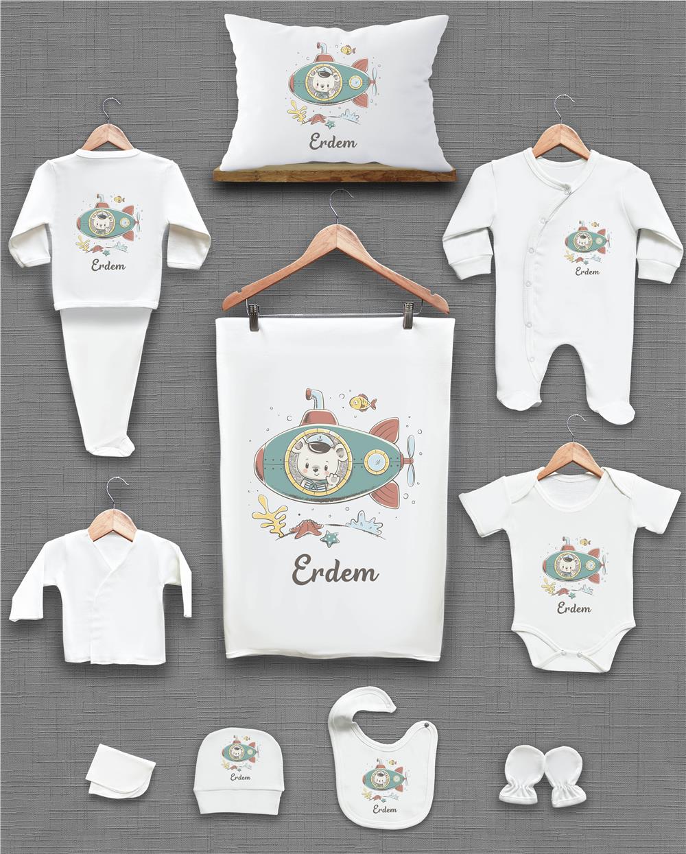 Ayı ve Motorsiklet Desenli 11'li İsimli Organik Hastane Çıkış Seti