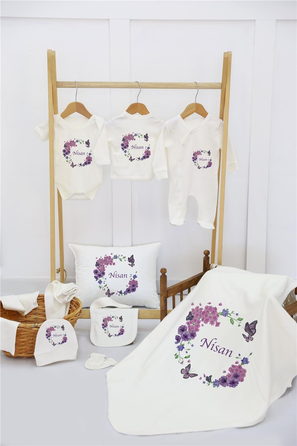 Balerin ve Kalp Desenli 11'li İsimli Organik Hastane Çıkış Seti