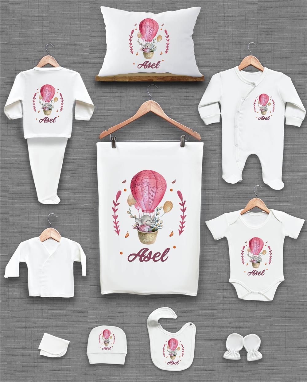 Balon ve Fil Desenli 11'li İsimli Organik Hastane Çıkış Seti