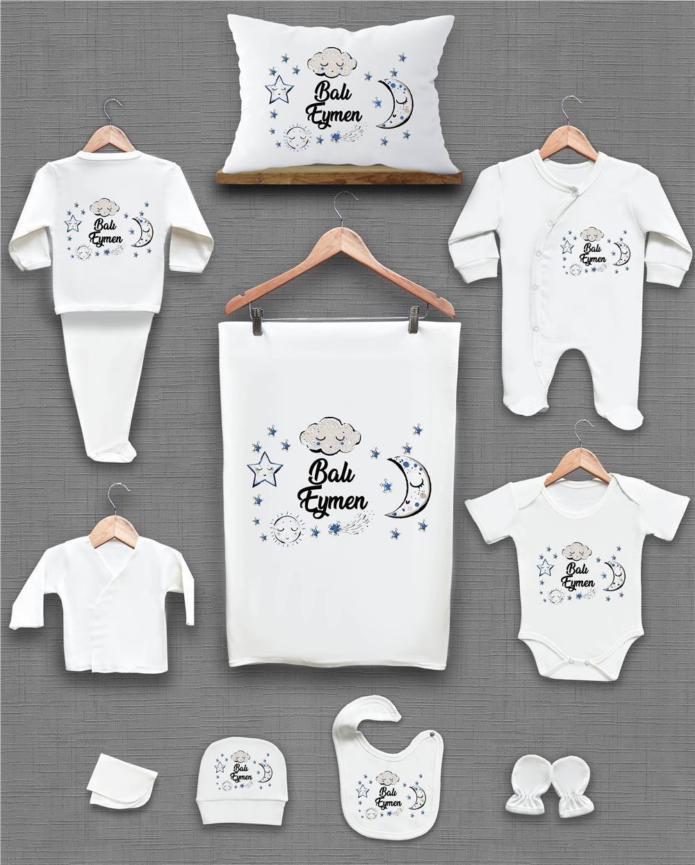 Bulut Yıldız ve Ay Desenli 11'li İsimli Organik Hastane Çıkış Seti