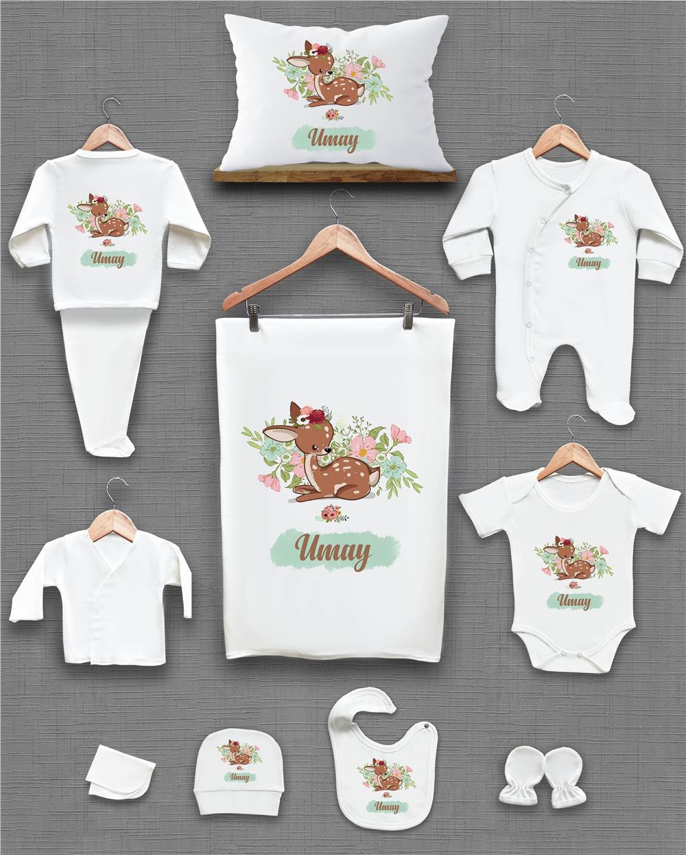 Ceylen ve Yeşil Yaprak Desenli 11'li İsimli Organik Hastane Çıkış Seti