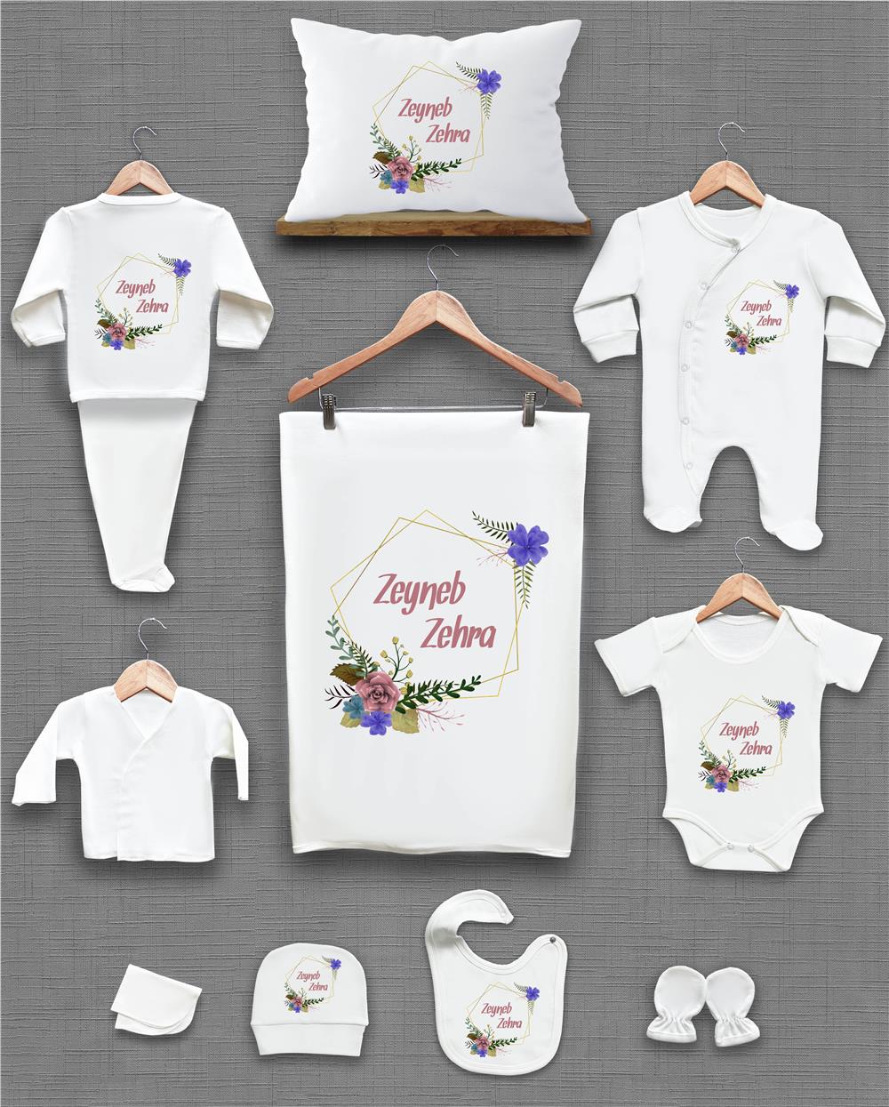 Çiçek Çelenk Desenli 11'li İsimli Organik Hastane Çıkış Seti