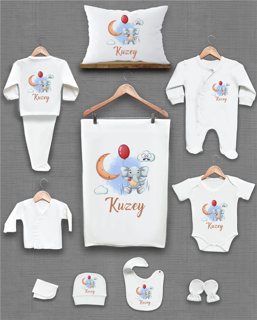 Fil Balon ve Ay Desenli 11'li İsimli Organik Hastane Çıkış Seti