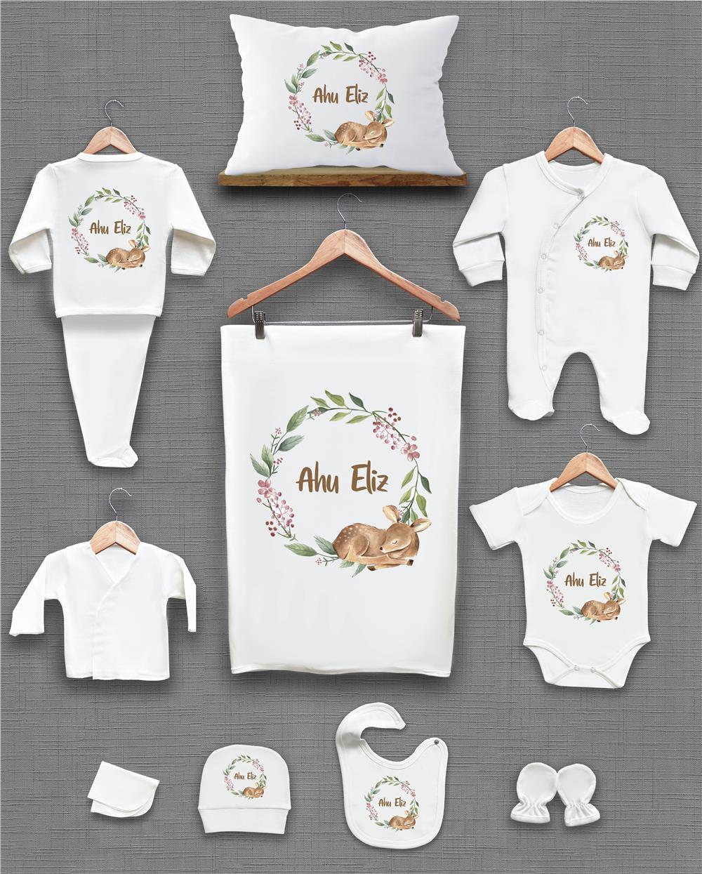 Geyik ve Yaprak Desenli 11'li İsimli Organik Hastane Çıkış Seti