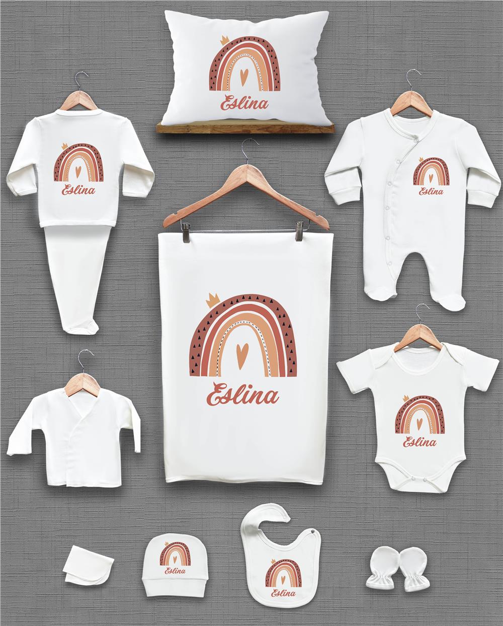 Gökkuşağı Desenli 11'li İsimli Organik Hastane Çıkış Seti