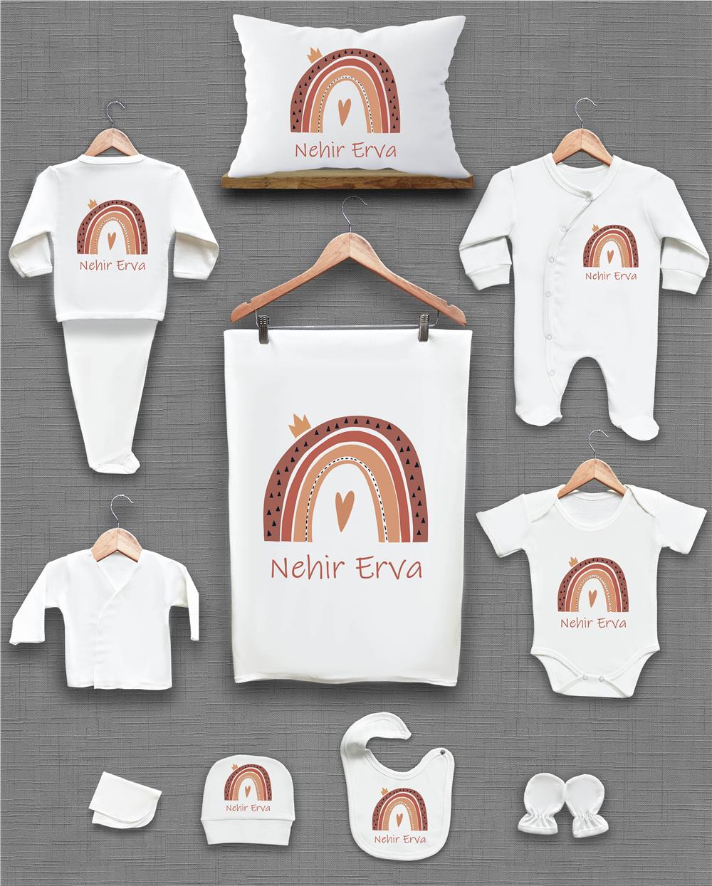 Gökkuşağı Desenli 11'li İsimli Organik Hastane Çıkış Seti