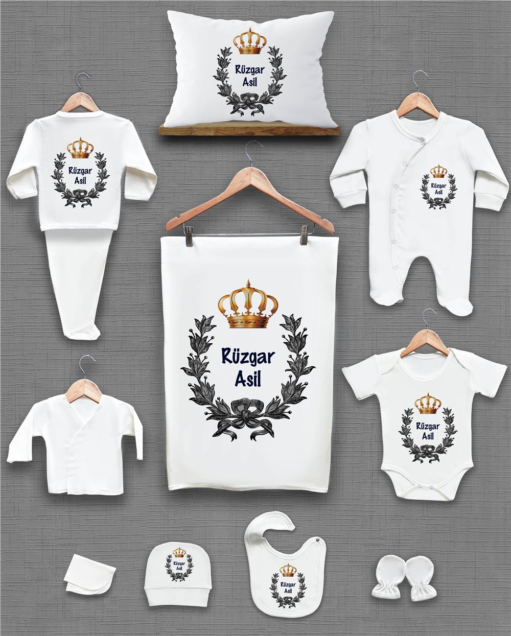 Gri Çelenk ve Kral Tacı Desenli 11'li İsimli Organik Hastane Çıkış Seti