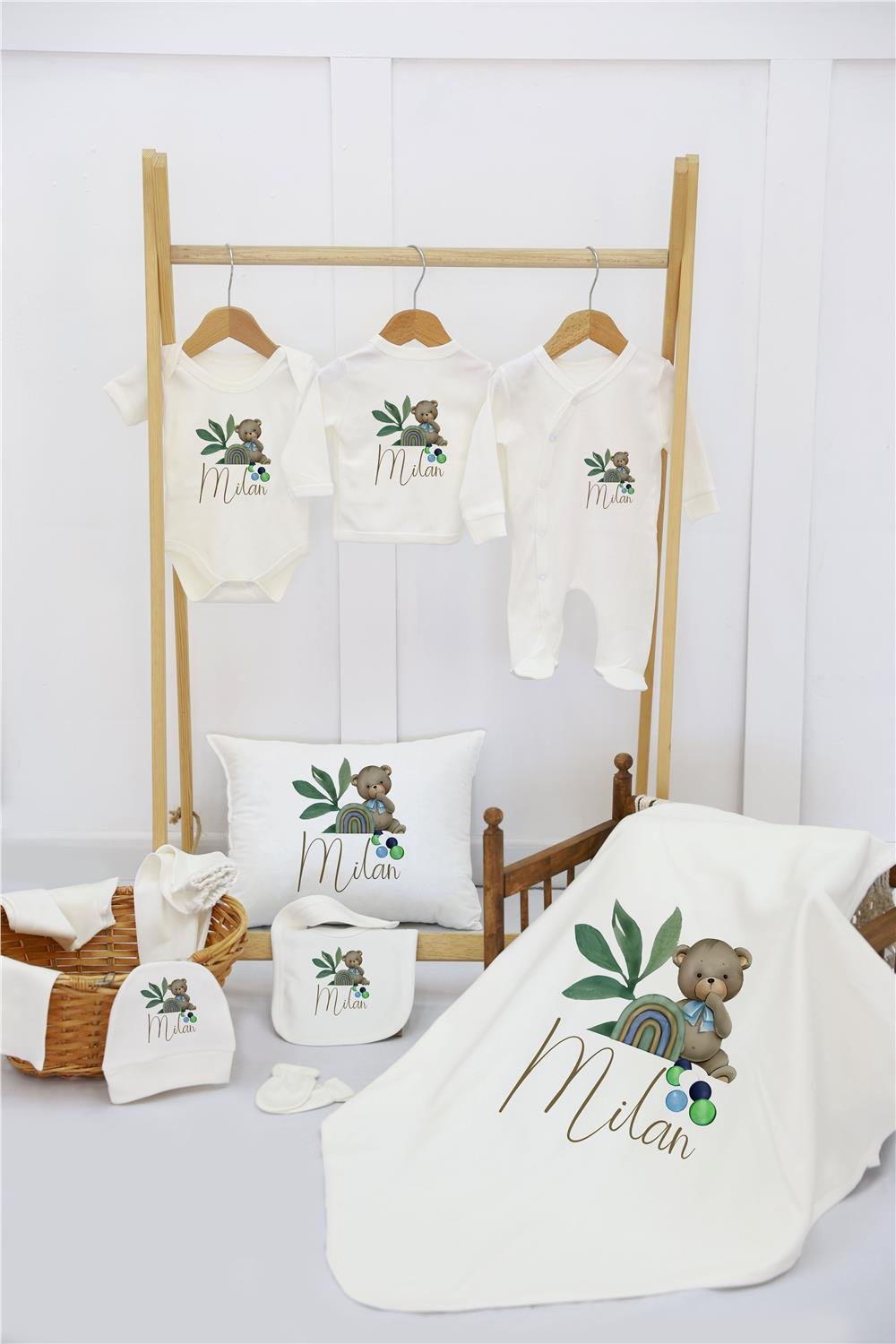 Kahverengi Gökkuşağı Desenli 11'li İsimli Organik Hastane Çıkış Seti