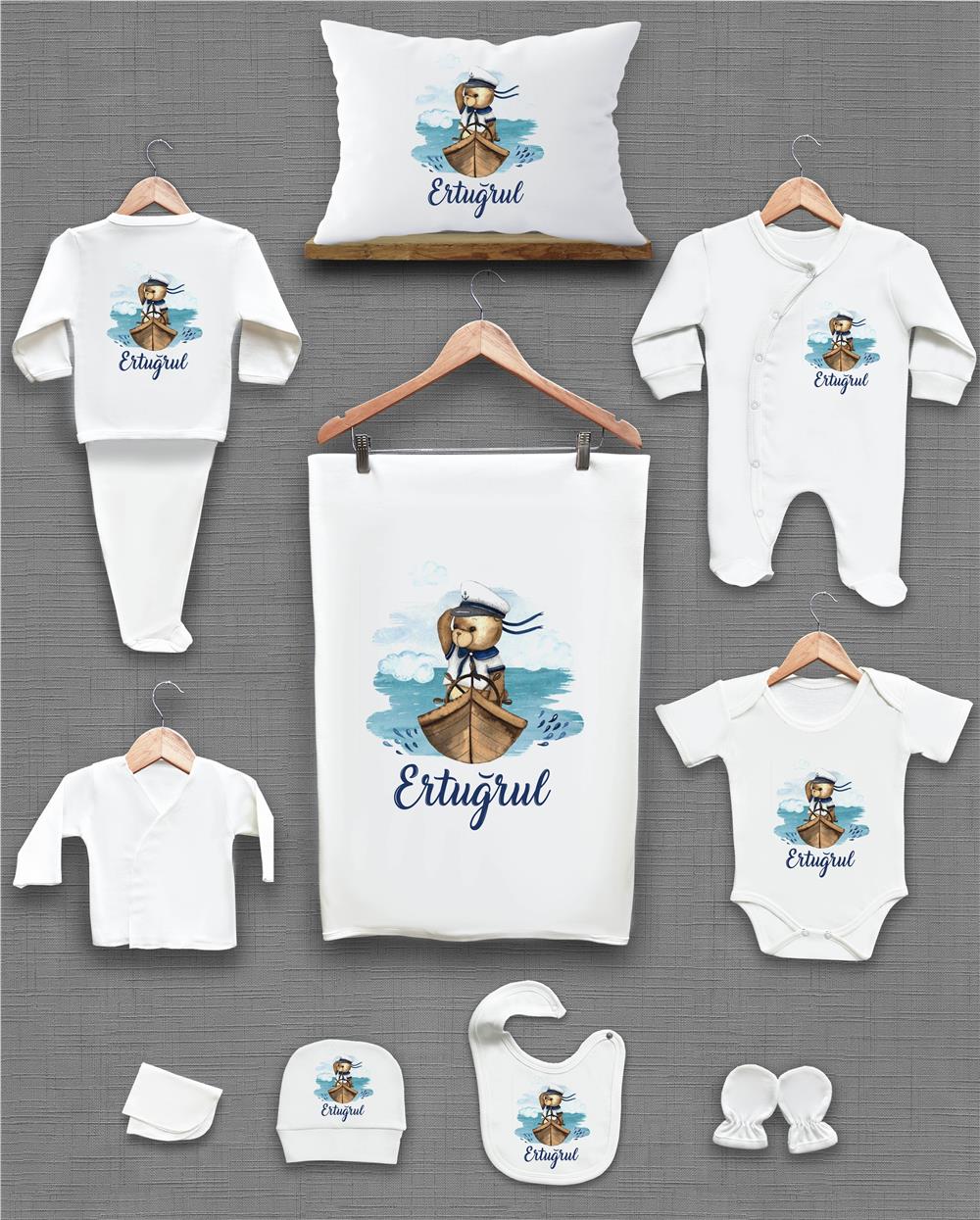 Kaptan ve Kayık Desenli 11'li İsimli Organik Hastane Çıkış Seti