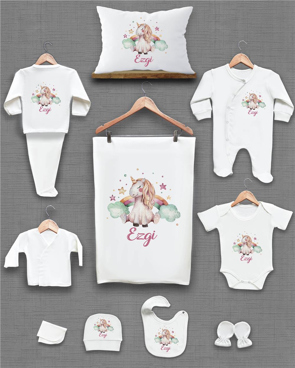 Kız ve Kedi Desenli 11'li İsimli Organik Hastane Çıkış Seti