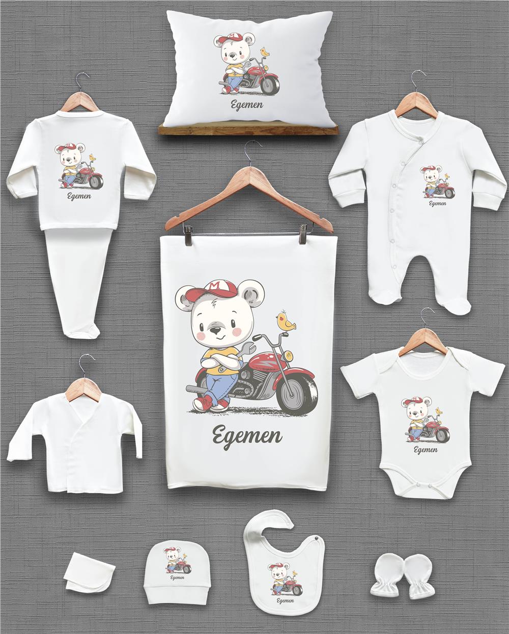 Mavi Kanat ve Kral Tacı Desenli 11'li İsimli Organik Hastane Çıkış Seti