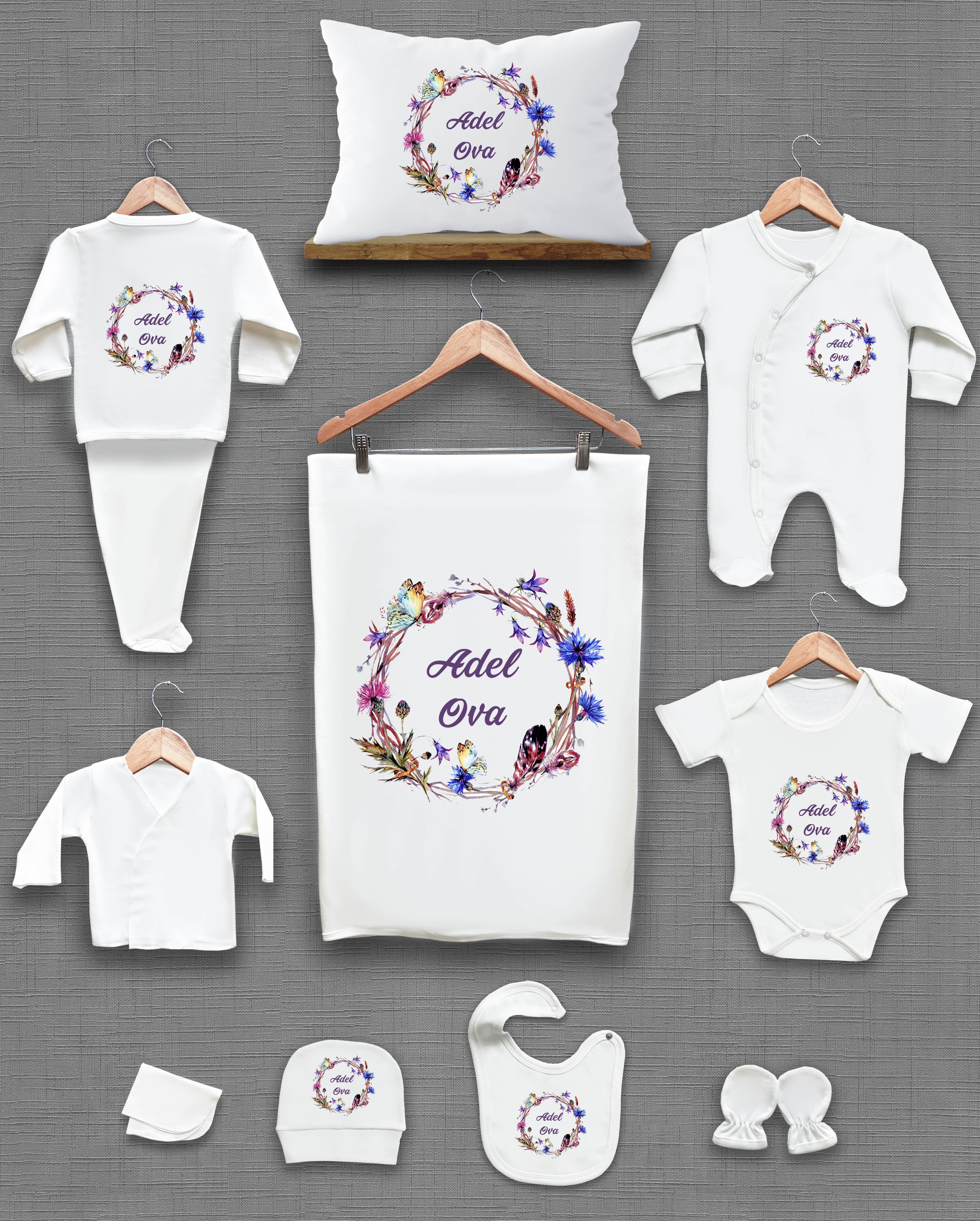 Mor Çelenk ve Kuş Tüğü Desenli 11'li İsimli Organik Hastane Çıkış Seti