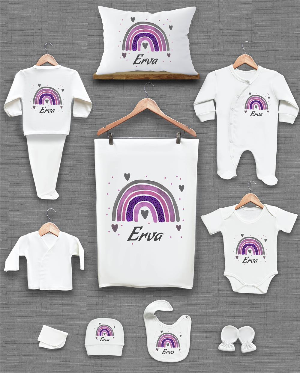 Mor Gökkuşağı Desenli 11'li İsimli Organik Hastane Çıkış Seti