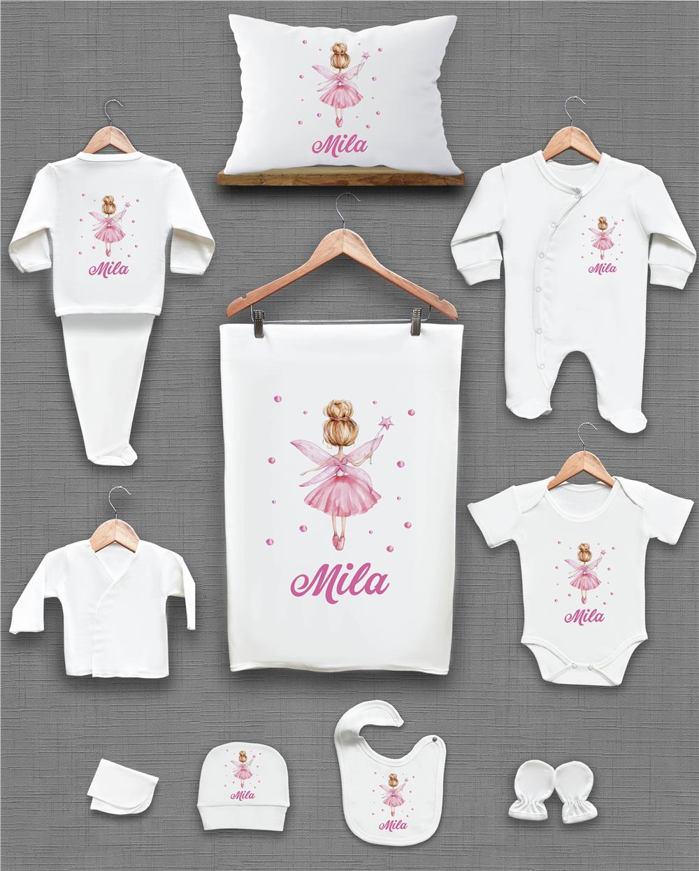 Peri Kız Desenli 11'li İsimli Organik Hastane Çıkış Seti