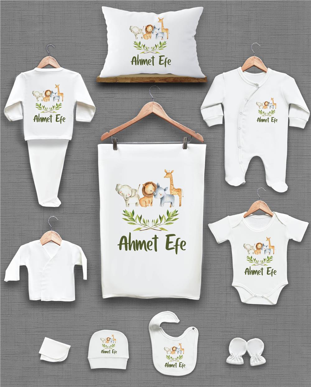 Safari ve Yeşil Yaprak Desenli 11'li İsimli Organik Hastane Çıkış Seti