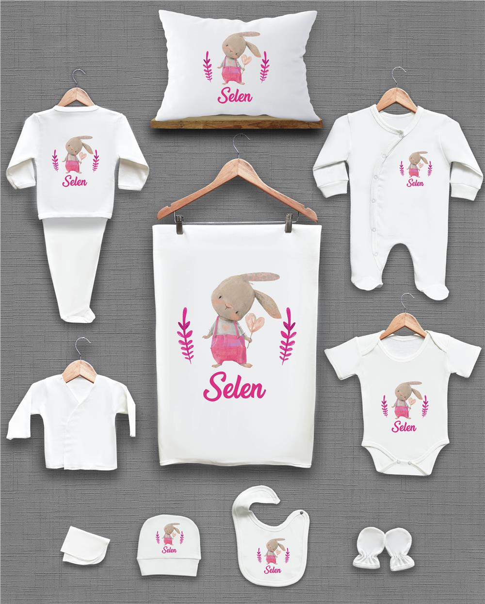 Tavşan Desenli 11'li İsimli Organik Hastane Çıkış Seti