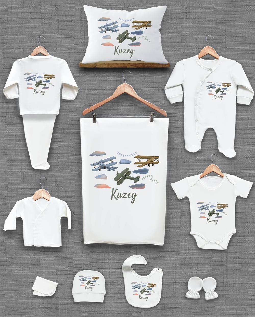 Uçak Desenli 11'li İsimli Organik Hastane Çıkış Seti