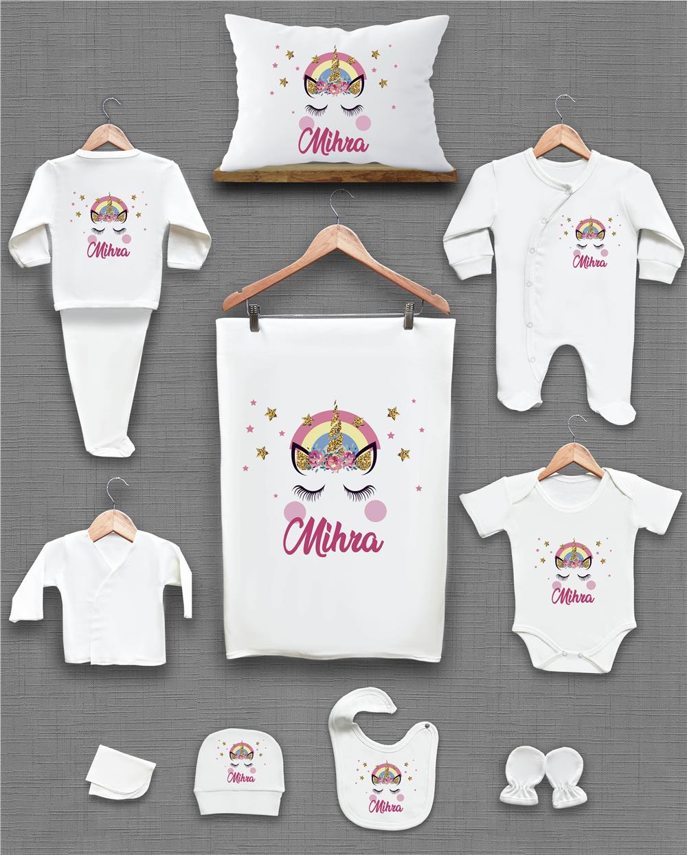 Uniqon ve Gökkuşağı Desenli 11'li İsimli Organik Hastane Çıkış Seti