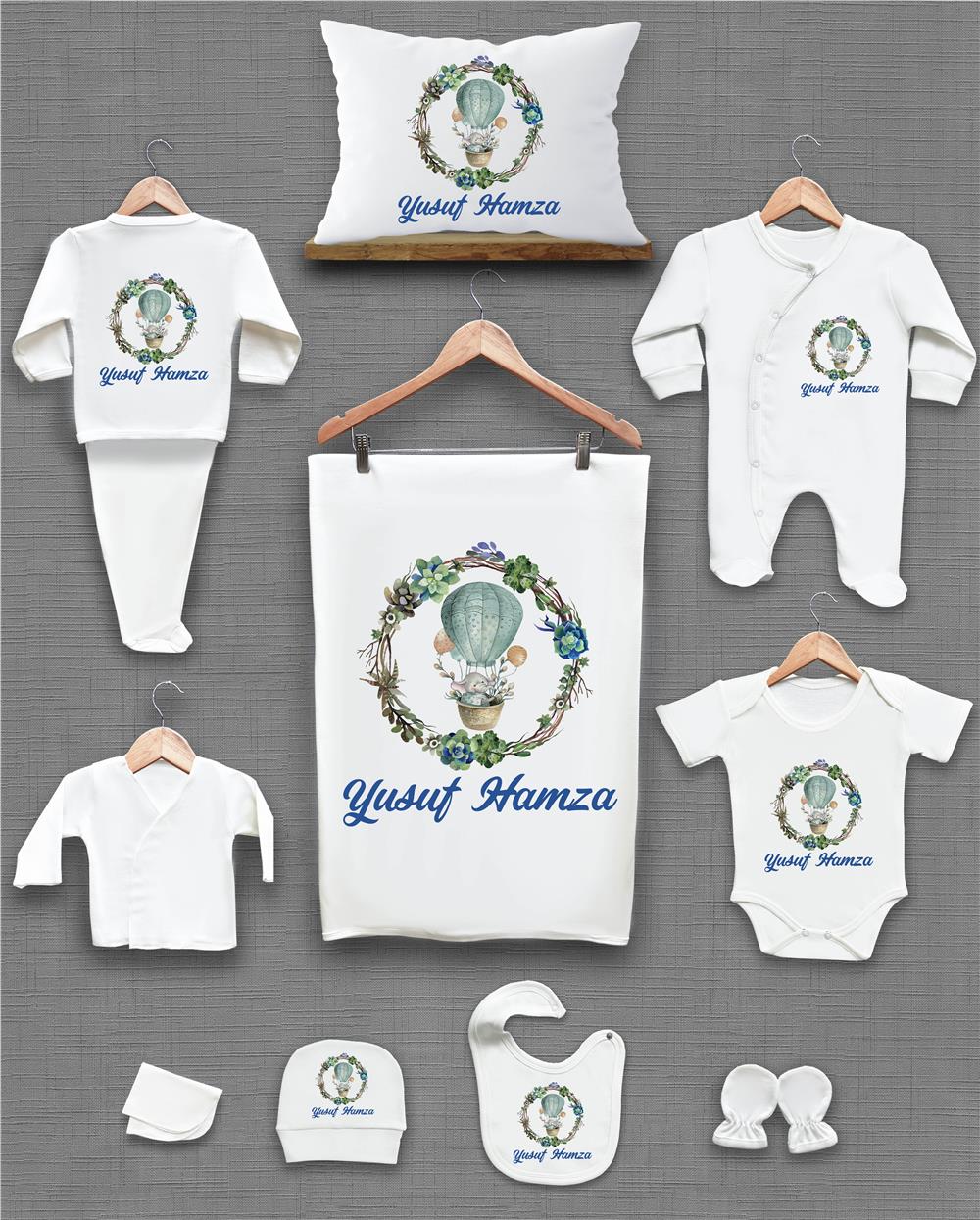 Yeşil Yapraklı Fil ve Balon Desenli 11'li İsimli Organik Hastane Çıkış Seti