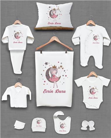 Ay ve Kız Desenli 11'li İsimli Organik Hastane Çıkış Seti