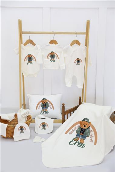 Ayı ve Ay Desenli 11'li İsimli Organik Hastane Çıkış Seti