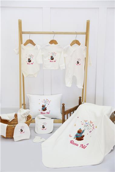 Gökkuşağı Çiçek ve Kelebek Desenli 11'li İsimli Organik Hastane Çıkış Seti