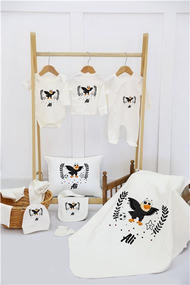 Mavi Çiçek Çelenk Desenli 11'li İsimli Organik Hastane Çıkış Seti