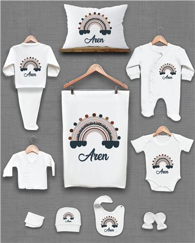 Renkli Gökkuşağı Desenli 11'li İsimli Organik Hastane Çıkış Seti