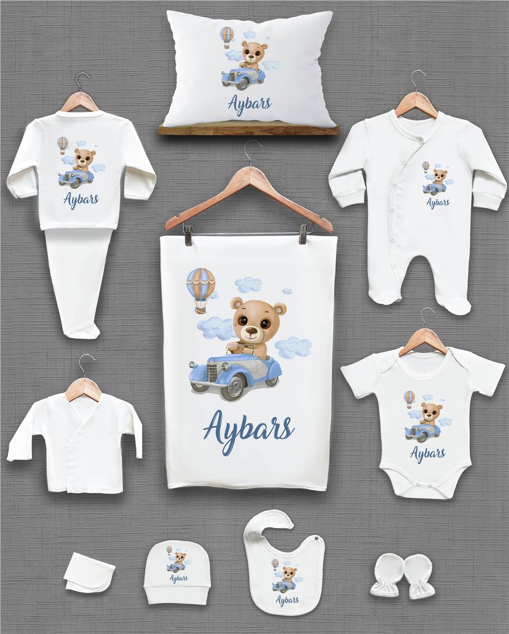 Araba Ayı ve Balon Desenli 11'li İsimli Organik Hastane Çıkış Seti