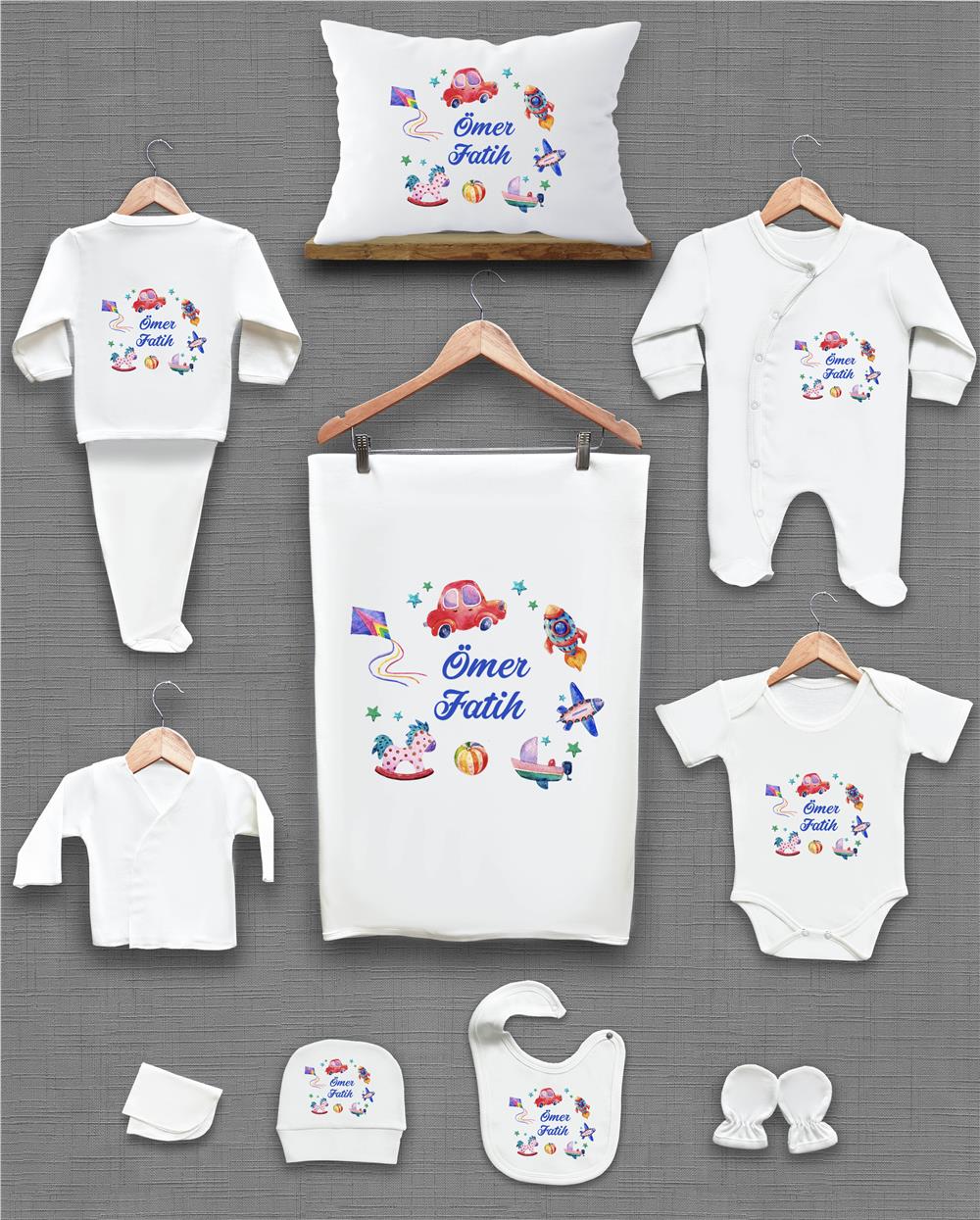 Araba Uçak ve Balon Desenli 11'li İsimli Organik Hastane Çıkış Seti