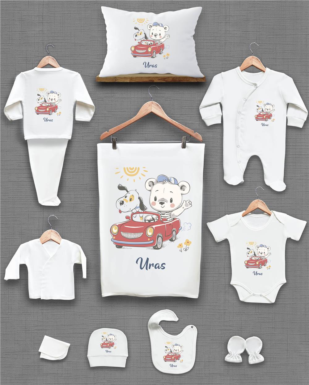 Araba ve Ayı Desenli 11'li İsimli Organik Hastane Çıkış Seti