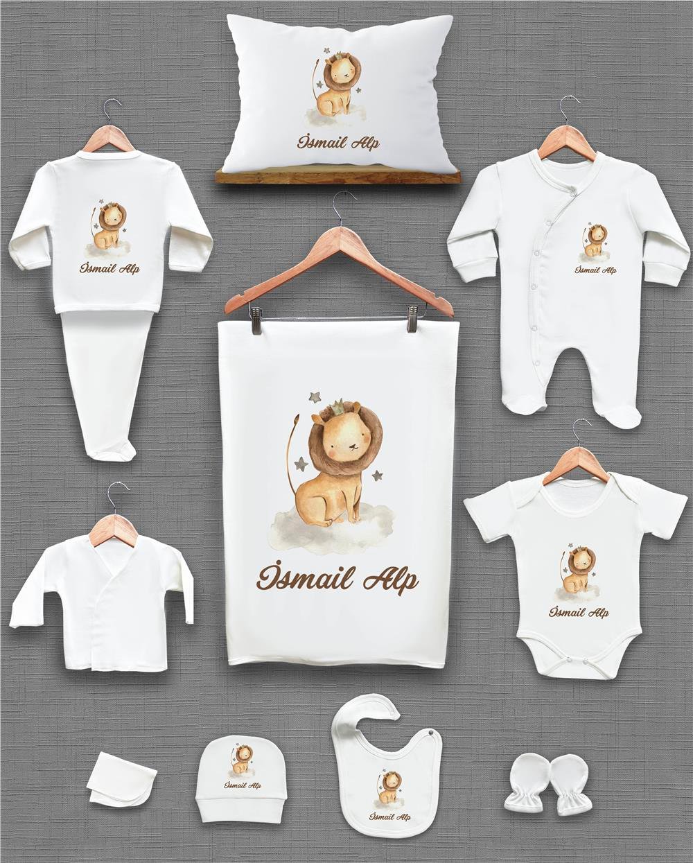 Aslan ve Bulut Desenli 11'li İsimli Organik Hastane Çıkış Seti