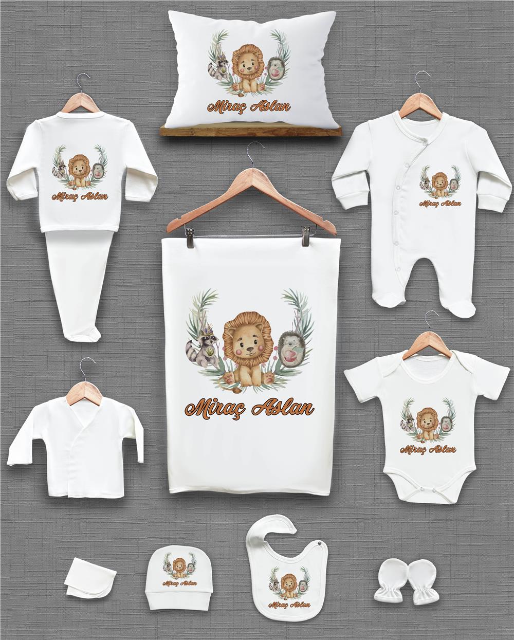 Aslan ve Kipri Desenli 11'li İsimli Organik Hastane Çıkış Seti