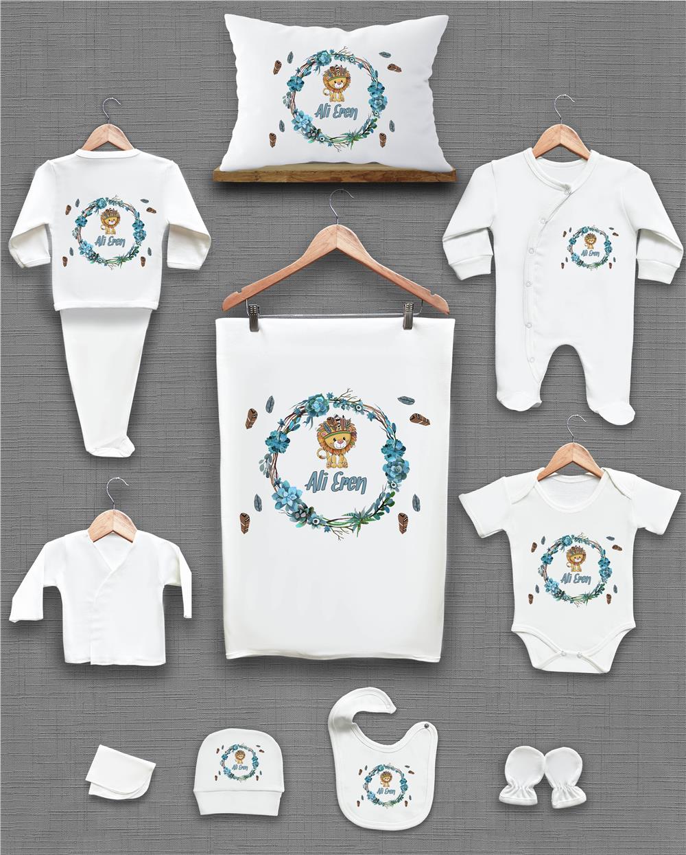 Aslan ve Mavi Yaprak Desenli 11'li İsimli Organik Hastane Çıkış Seti