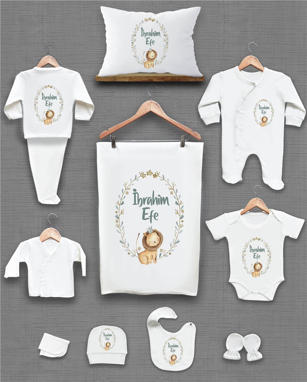 Aslan ve Yaprak Desenli 11'li İsimli Organik Hastane Çıkış Seti